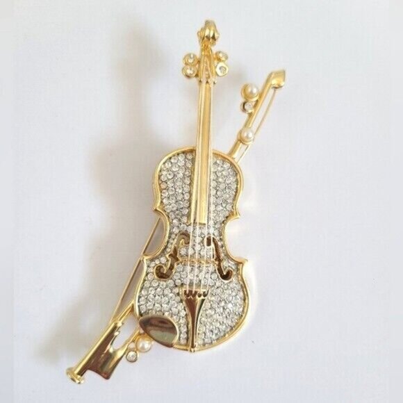 Vintage Huge Gold Plated SWAROVSKI Crystal Pearl Violin Musician Brooch Pin - Picture 1 of 5
